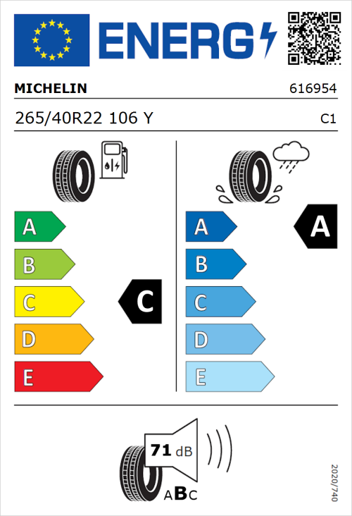 Tyre Label for Michelin Pilot Sport 4 S 265/40R22 106Y