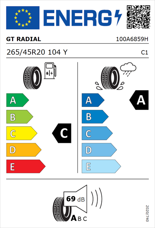 Tyre Label for GT Radial SportActive 2 265/45R20 104Y