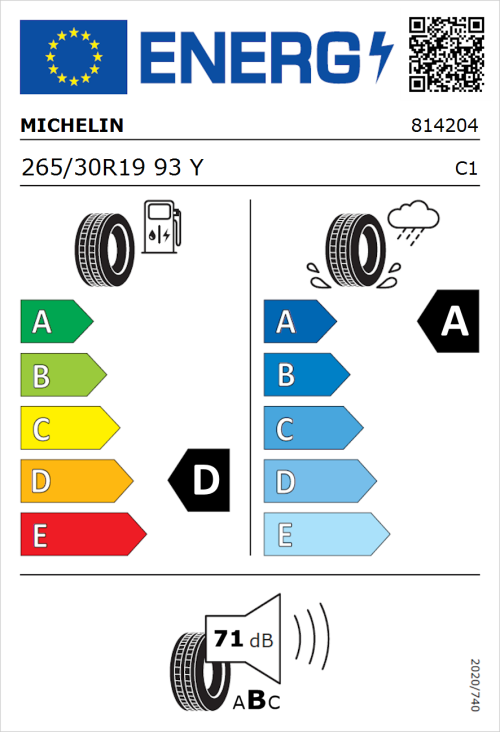 Tyre Label for Michelin Pilot Sport 4 S 265/30R19 93Y